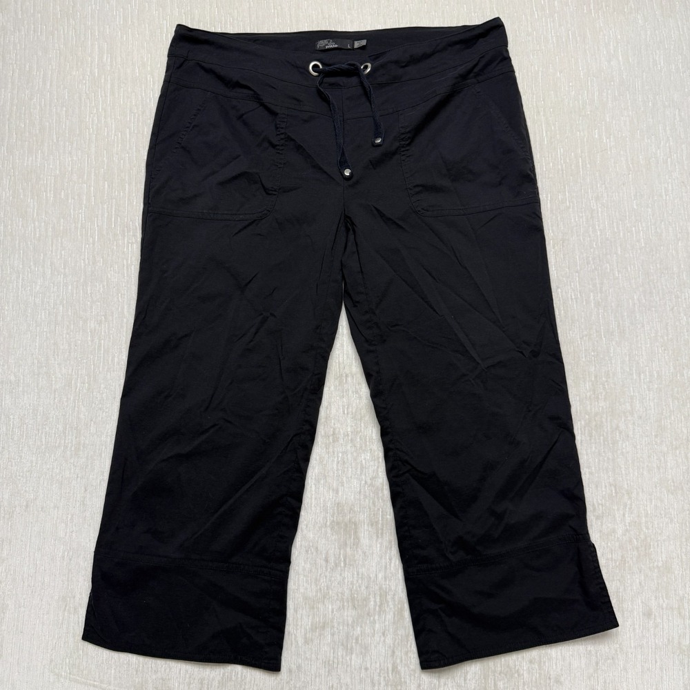 prAna Bliss Knicker Pants Womens Large Black Mid Rise Straight Leg Drawstring